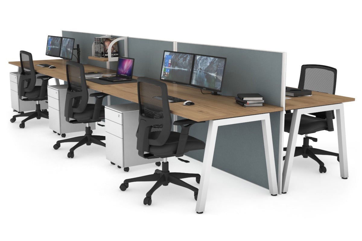 Horizon Quadro 6 Person Bench A Legs Office Workstation [1600L x 800W with Cable Scallop]-white leg salvage oak cool grey (1200H x 4800W)