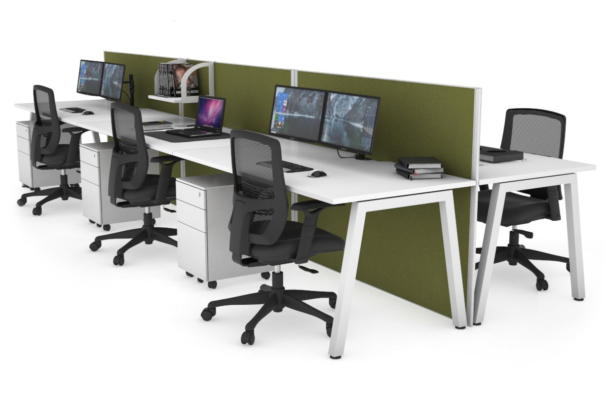 Horizon Quadro 6 Person Bench A Legs Office Workstation [1600L x 800W with Cable Scallop]-white leg white green moss (1200H x 4800W)