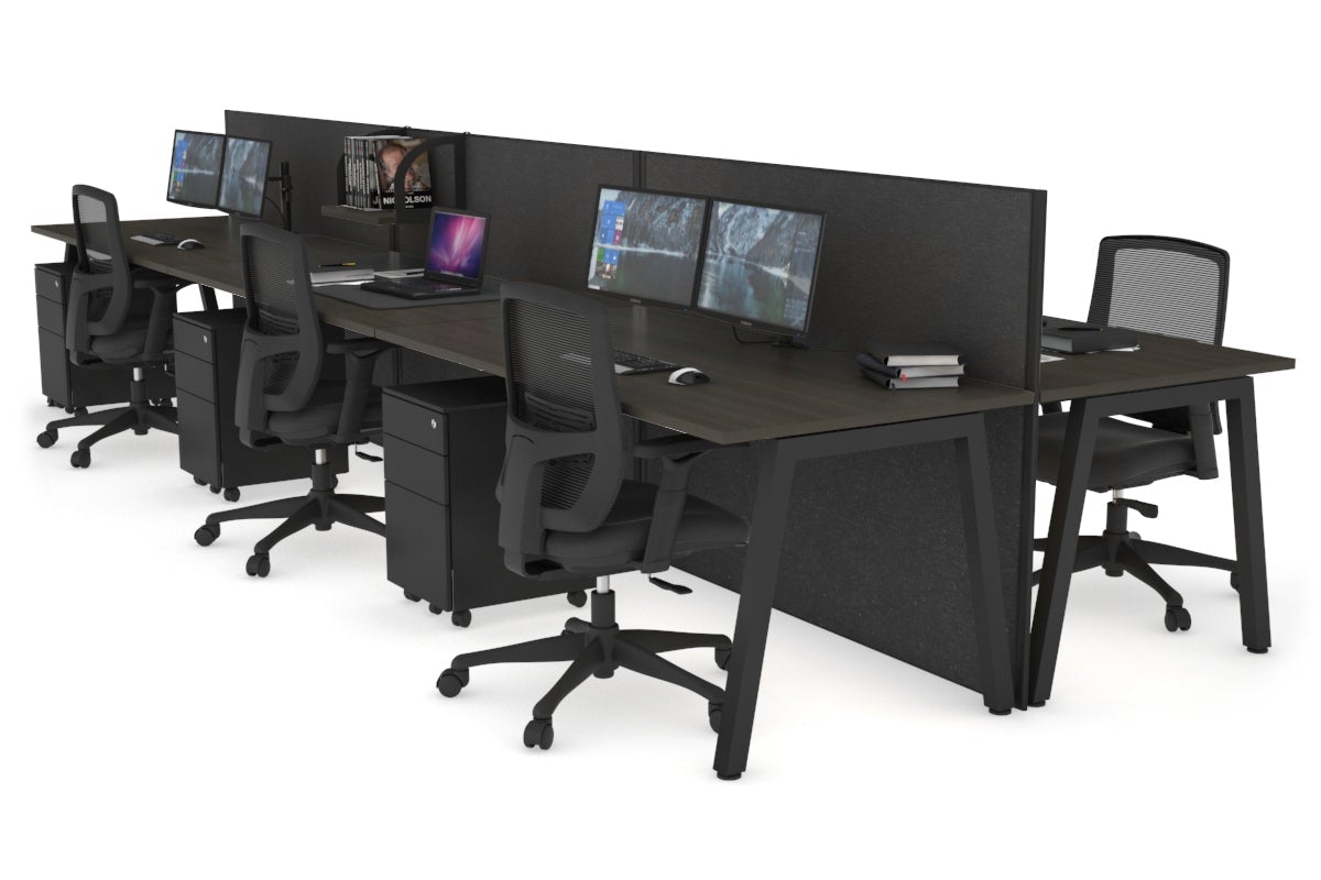 Horizon Quadro 6 Person Bench A Legs Office Workstation [1600L x 800W with Cable Scallop]-black leg dark oak moody charcoal (1200H x 4800W)