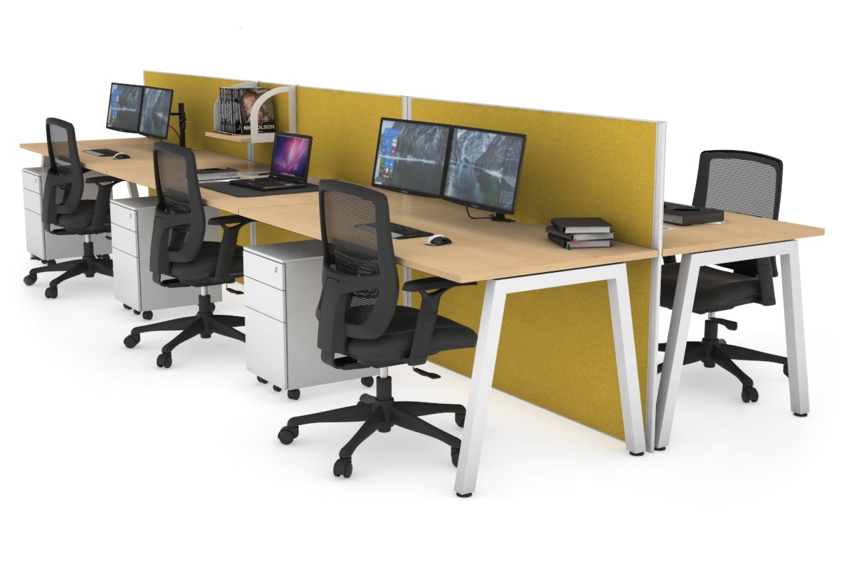 Horizon Quadro 6 Person Bench A Legs Office Workstation [1600L x 800W with Cable Scallop]-white leg maple mustard yellow (1200H x 4800W)