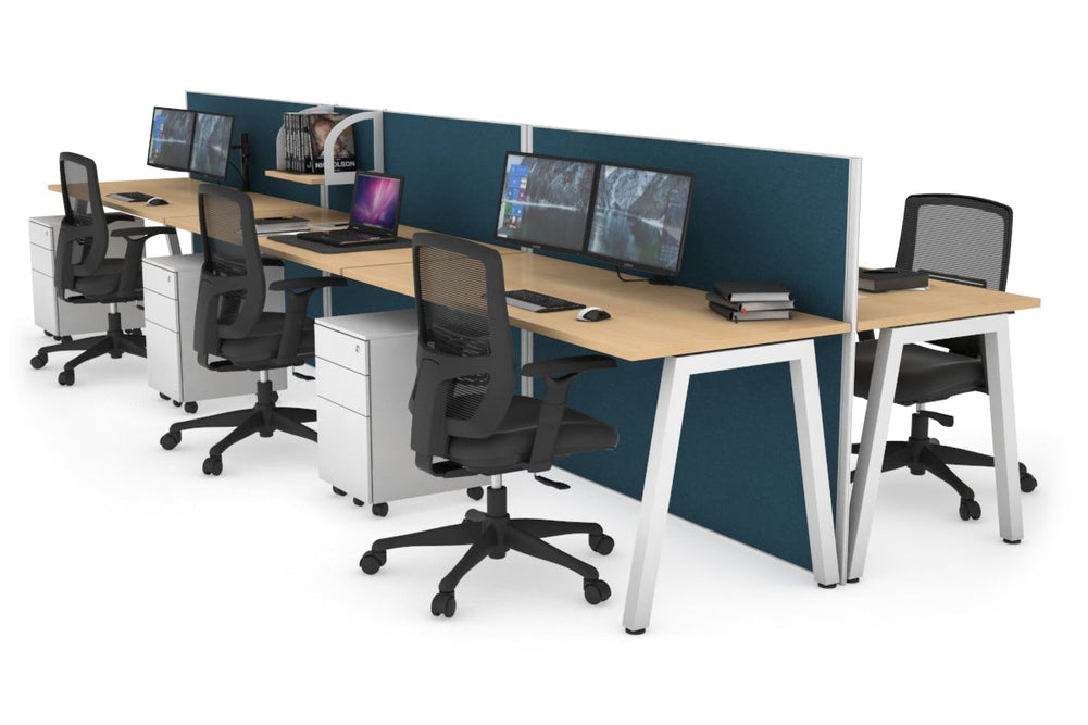 Horizon Quadro 6 Person Bench A Legs Office Workstation [1800L x 700W]-white leg maple deep blue (1200H x 5400W)