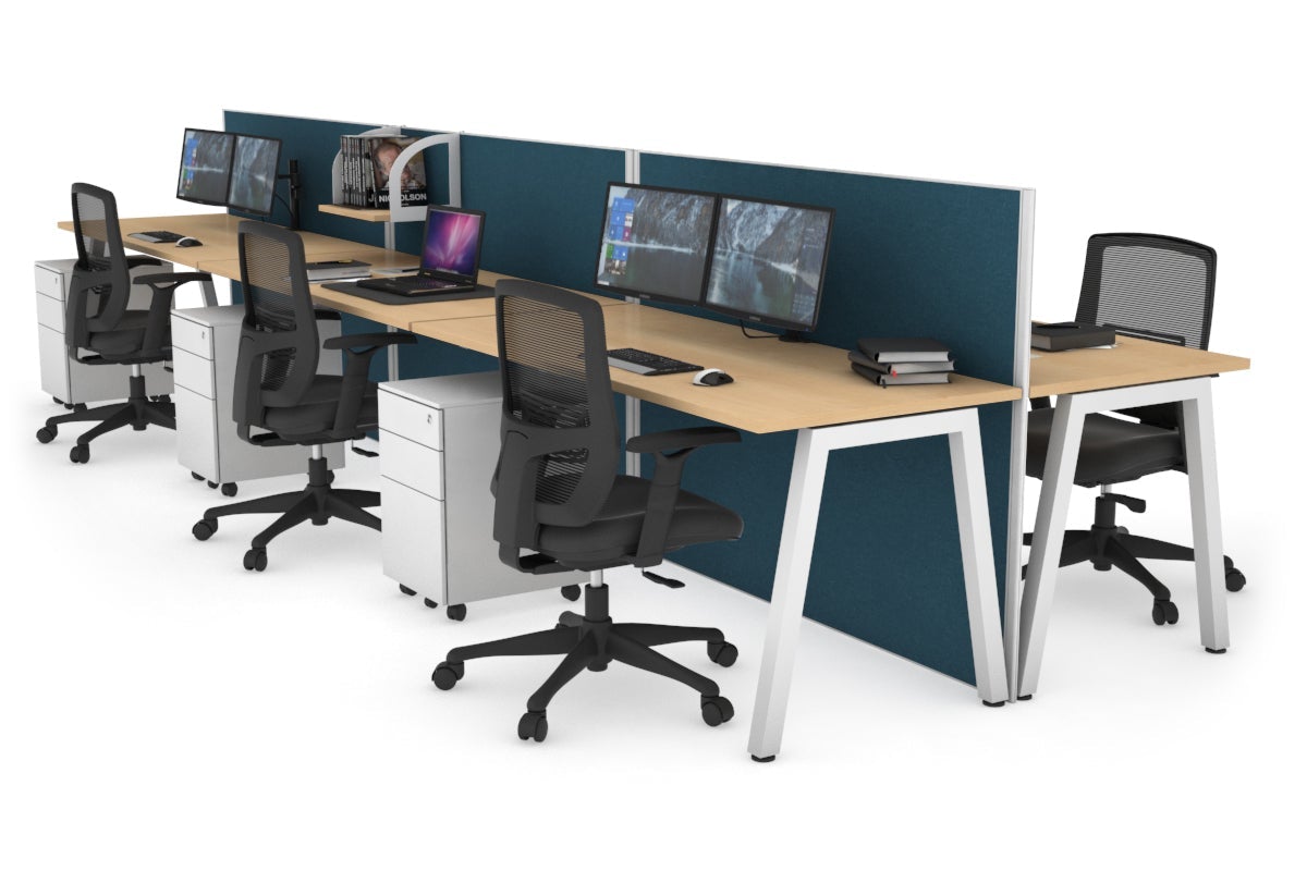 Horizon Quadro 6 Person Bench A Leg Office Workstations [1800L x 700W] Jasonl white leg maple deep blue (1200H x 5400W)