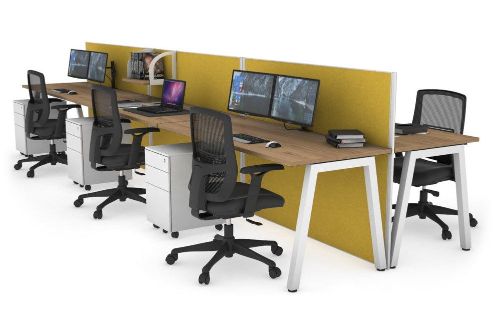 Horizon Quadro 6 Person Bench A Legs Office Workstation [1800L x 700W]-white leg salvage oak mustard yellow (1200H x 5400W)