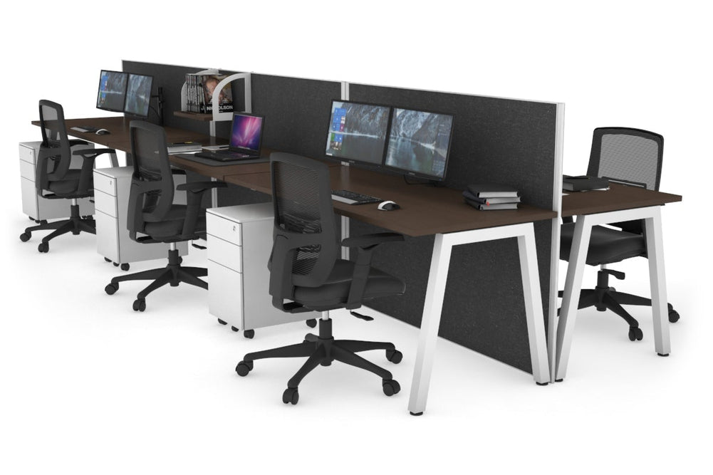 Horizon Quadro 6 Person Bench A Legs Office Workstation [1800L x 700W]-black leg dark oak moody charcoal (1200H x 5400W)