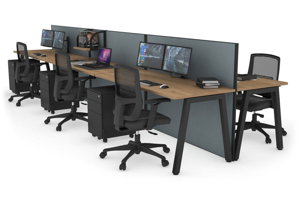 Horizon Quadro 6 Person Bench A Legs Office Workstation [1800L x 700W]-black leg salvage oak cool grey (1200H x 5400W)