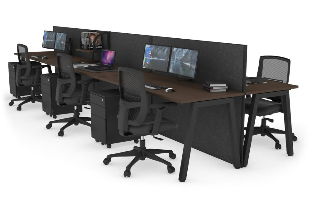 Horizon Quadro 6 Person Bench A Legs Office Workstation [1800L x 700W]-black leg dark oak moody charcoal (1200H x 5400W)