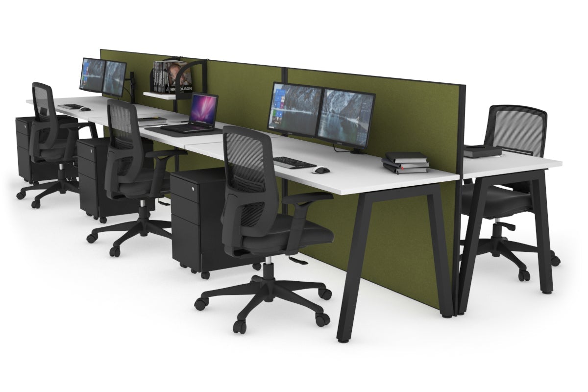 Horizon Quadro 6 Person Bench A Leg Office Workstations [1800L x 700W] Jasonl black leg white green moss (1200H x 5400W)