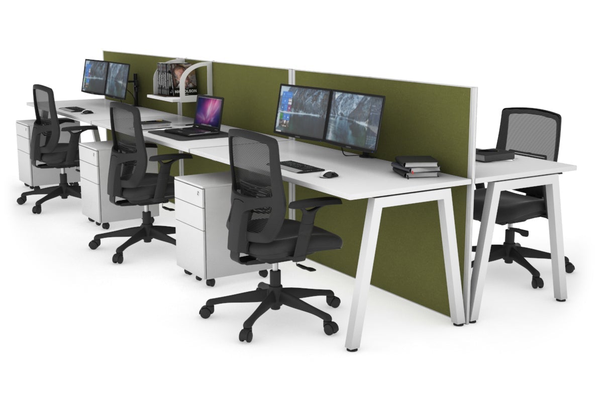 Horizon Quadro 6 Person Bench A Leg Office Workstations [1800L x 700W] Jasonl white leg white green moss (1200H x 5400W)