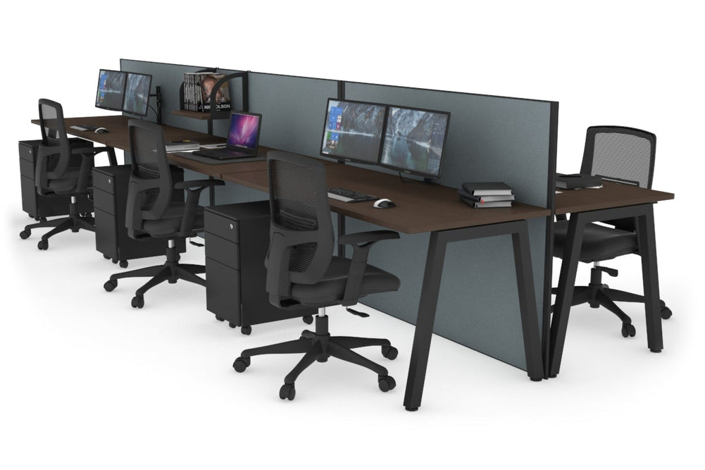Horizon Quadro 6 Person Bench A Legs Office Workstation [1800L x 700W]-black leg dark oak moody charcoal (1200H x 5400W)