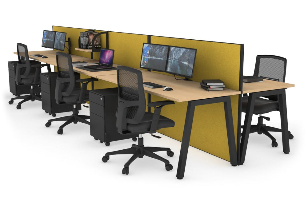 Horizon Quadro 6 Person Bench A Legs Office Workstation [1800L x 700W]-black leg maple mustard yellow (1200H x 5400W)