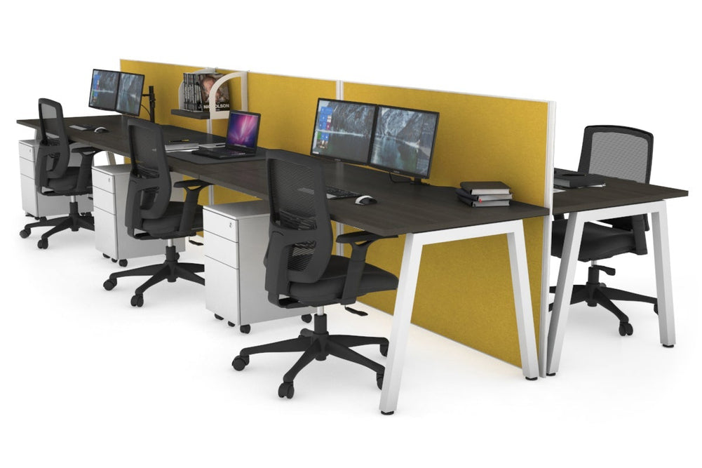 Horizon Quadro 6 Person Bench A Legs Office Workstation [1800L x 800W with Cable Scallop]-white leg dark oak mustard yellow (1200H x 5400W)