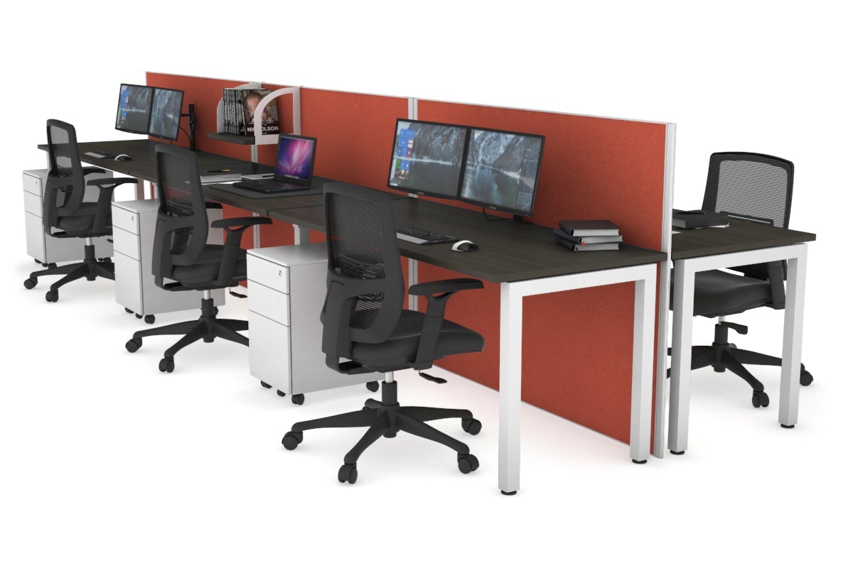 Horizon Quadro 6p Bench Square Leg Office Workstation [1200L x 700W] Jasonl white leg dark oak orange squash (1200H x 3600W)