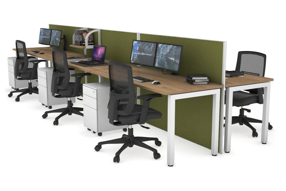 Horizon Quadro 6p Bench Square Legs Office Workstation [1200L x 700W]-white leg salvage oak green moss (1200H x 3600W)