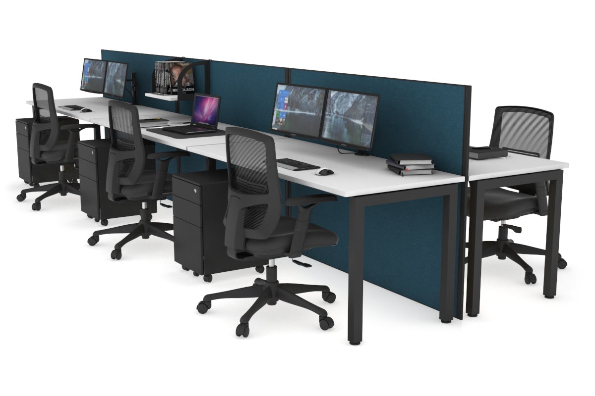Horizon Quadro 6p Bench Square Leg Office Workstation [1200L x 700W] Jasonl black leg white deep blue (1200H x 3600W)