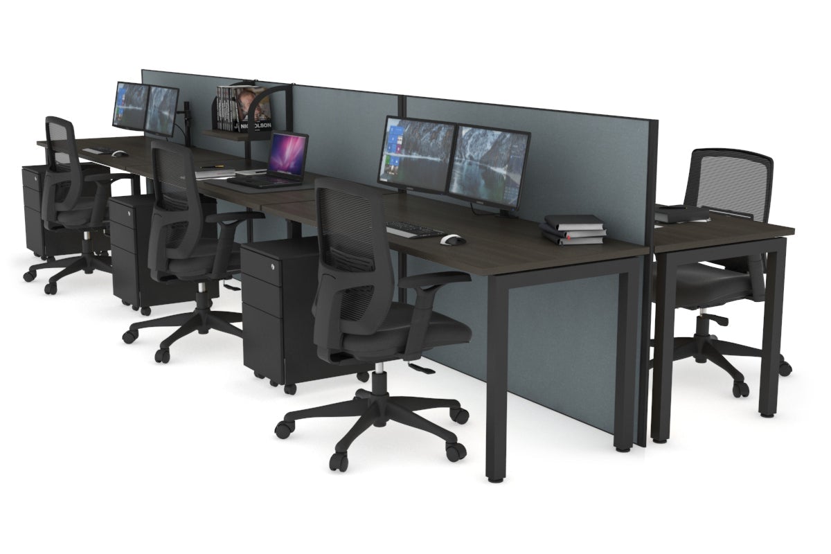 Horizon Quadro 6p Bench Square Leg Office Workstation [1200L x 700W] Jasonl black leg dark oak cool grey (1200H x 3600W)