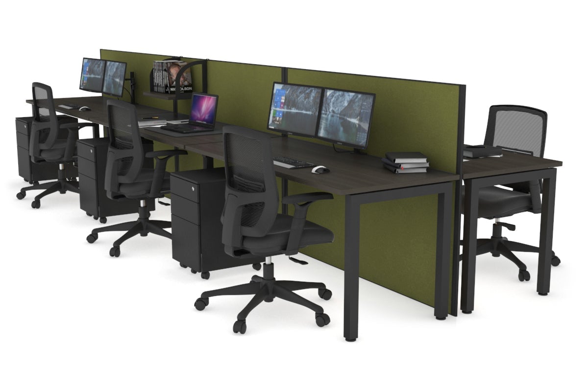 Horizon Quadro 6p Bench Square Leg Office Workstation [1200L x 700W] Jasonl black leg dark oak green moss (1200H x 3600W)