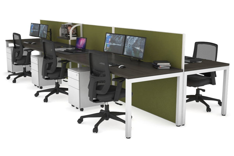 Horizon Quadro 6p Bench Square Leg Office Workstation [1200L x 800W with Cable Scallop] Jasonl white leg dark oak green moss (1200H x 3600W)