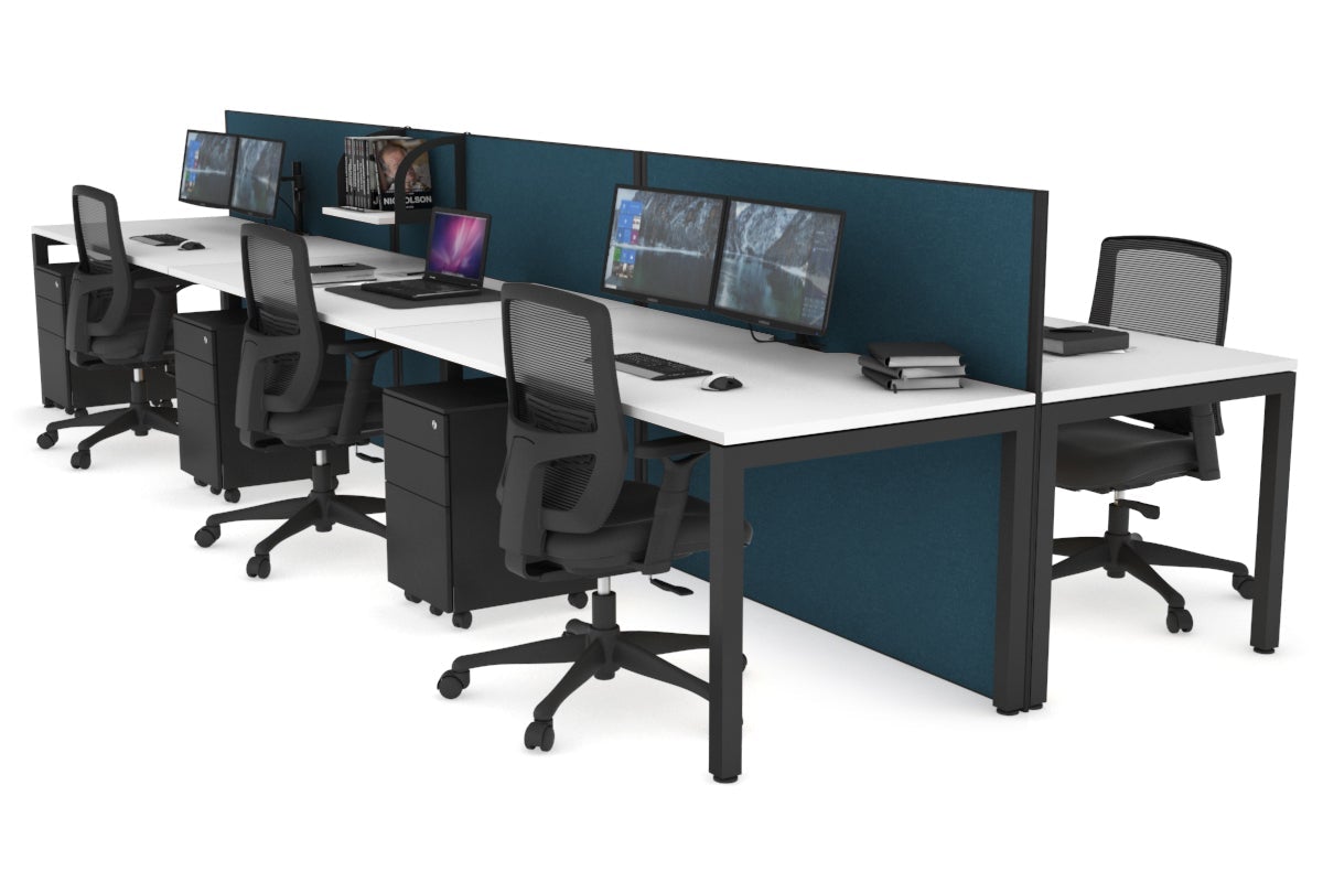 Horizon Quadro 6p Bench Square Leg Office Workstation [1200L x 800W with Cable Scallop] Jasonl black leg white deep blue (1200H x 3600W)