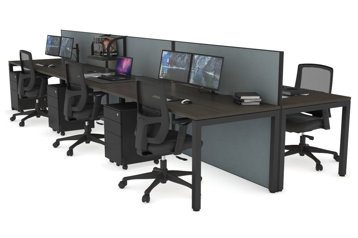 Horizon Quadro 6p Bench Square Leg Office Workstation [1200L x 800W with Cable Scallop] Jasonl black leg dark oak cool grey (1200H x 3600W)