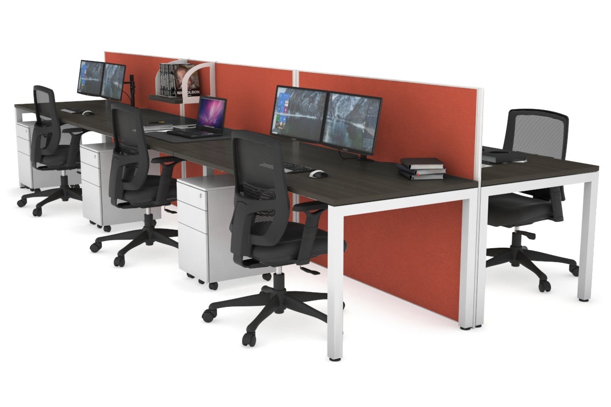 Horizon Quadro 6p Bench Square Leg Office Workstation [1200L x 800W with Cable Scallop] Jasonl white leg dark oak orange squash (1200H x 3600W)