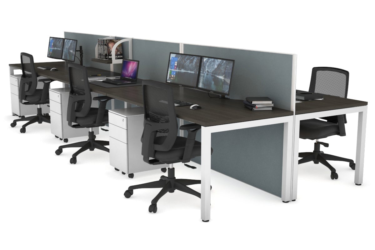 Horizon Quadro 6p Bench Square Leg Office Workstation [1200L x 800W with Cable Scallop] Jasonl white leg dark oak cool grey (1200H x 3600W)