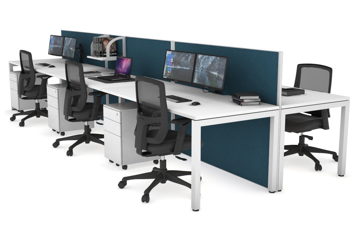 Horizon Quadro 6p Bench Square Leg Office Workstation [1200L x 800W with Cable Scallop] Jasonl white leg white deep blue (1200H x 3600W)