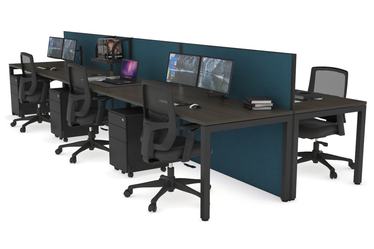 Horizon Quadro 6p Bench Square Leg Office Workstation [1200L x 800W with Cable Scallop] Jasonl black leg dark oak deep blue (1200H x 3600W)