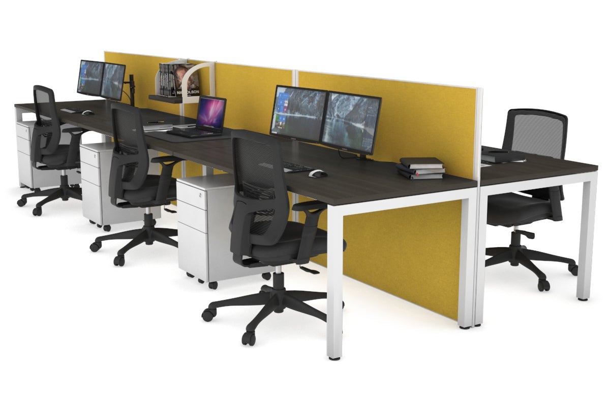 Horizon Quadro 6p Bench Square Leg Office Workstation [1200L x 800W with Cable Scallop] Jasonl white leg dark oak mustard yellow (1200H x 3600W)