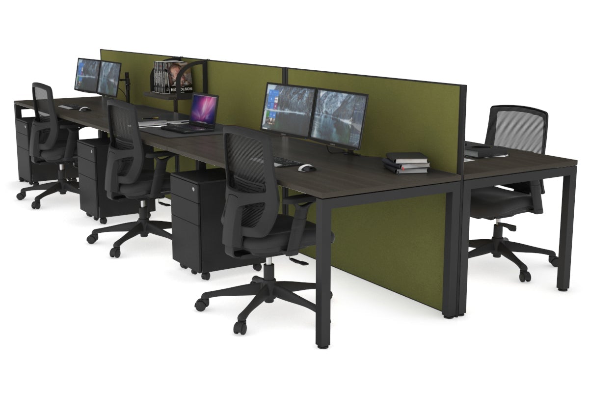 Horizon Quadro 6p Bench Square Leg Office Workstation [1200L x 800W with Cable Scallop] Jasonl black leg dark oak green moss (1200H x 3600W)