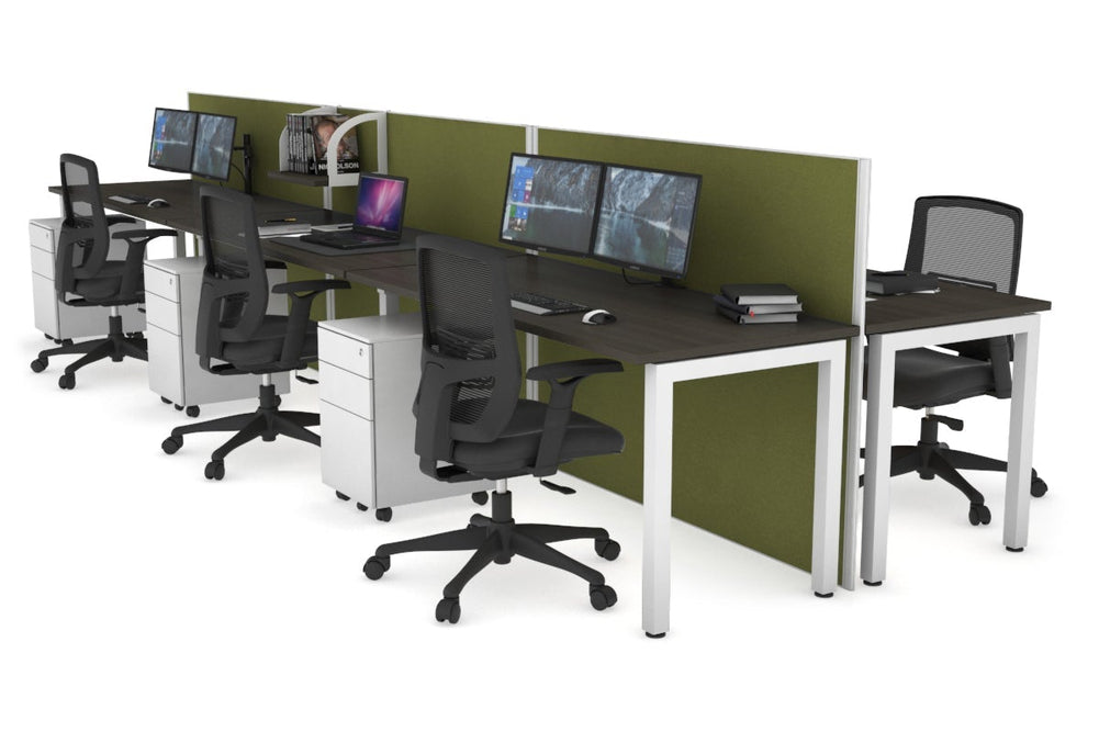 Horizon Quadro 6p Bench Square Legs Office Workstation [1400L x 700W]-white leg dark oak green moss (1200H x 4200W)