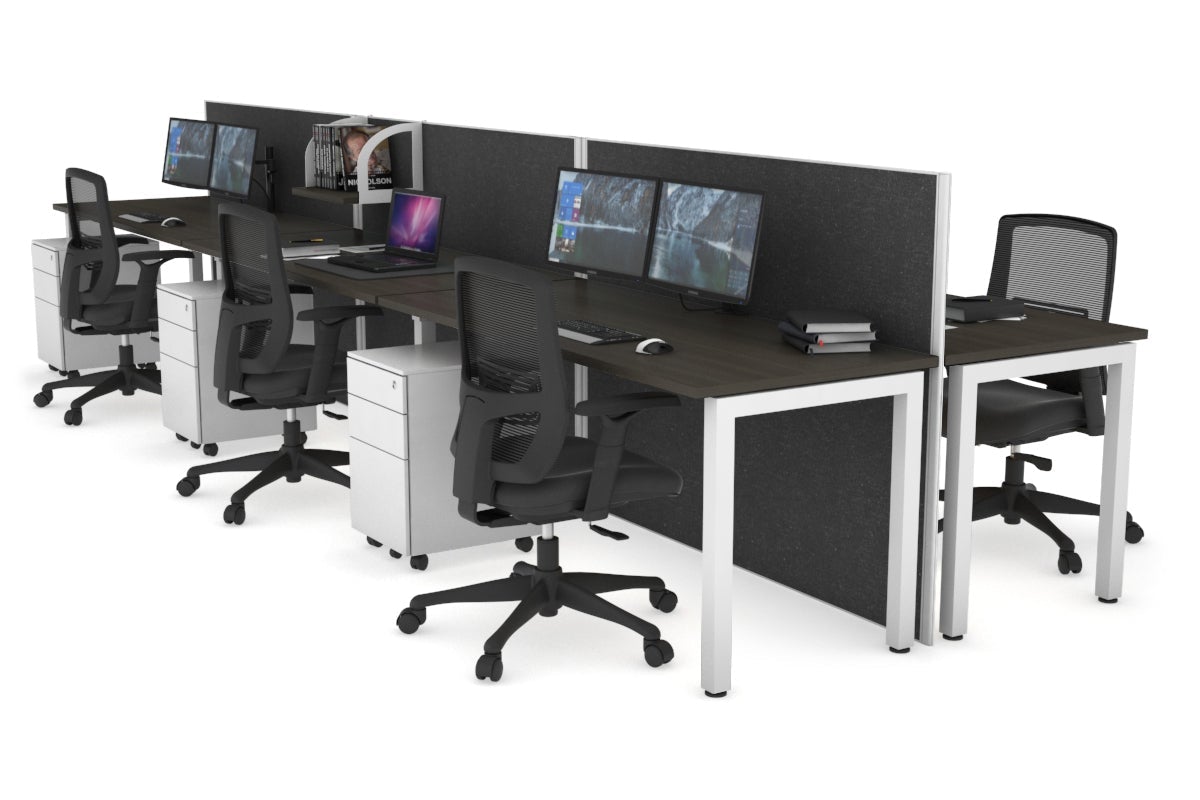 Horizon Quadro 6p Bench Square Leg Office Workstation [1400L x 700W] Jasonl white leg dark oak moody charcoal (1200H x 4200W)