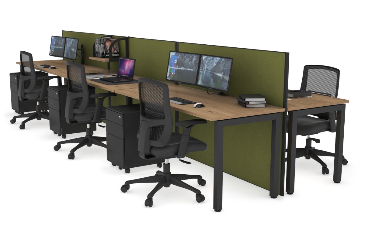 Horizon Quadro 6p Bench Square Leg Office Workstation [1400L x 700W] Jasonl black leg salvage oak green moss (1200H x 4200W)