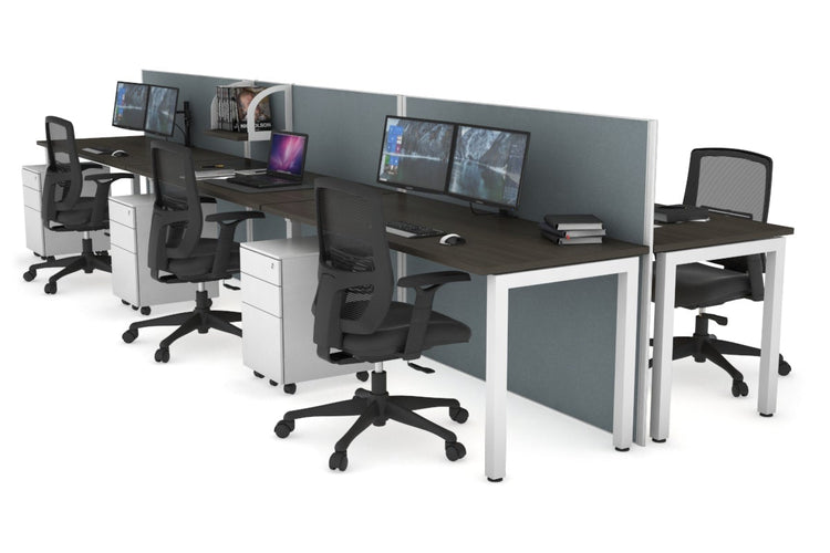 Horizon Quadro 6p Bench Square Leg Office Workstation [1400L x 700W] Jasonl white leg dark oak cool grey (1200H x 4200W)