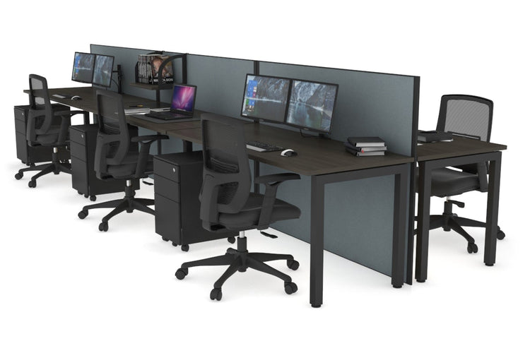 Horizon Quadro 6p Bench Square Leg Office Workstation [1400L x 700W] Jasonl black leg dark oak cool grey (1200H x 4200W)