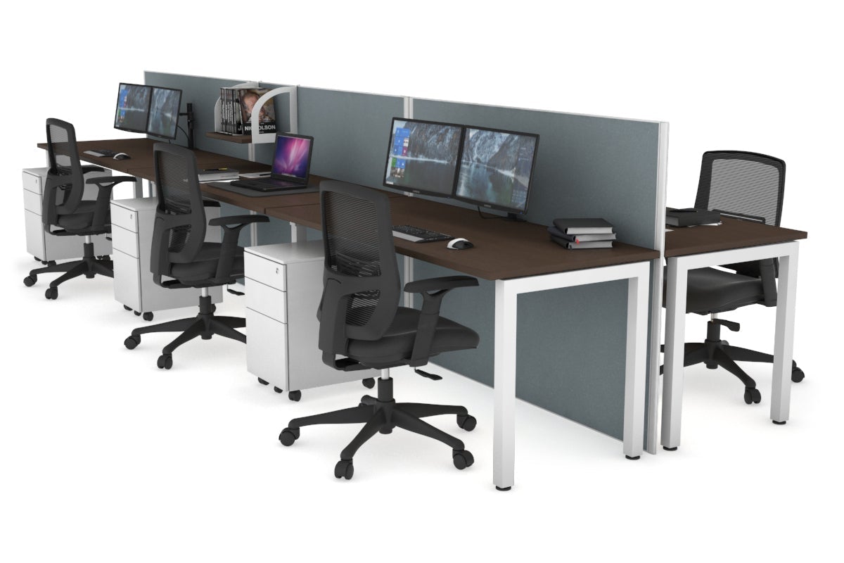 Horizon Quadro 6p Bench Square Leg Office Workstation [1400L x 700W] Jasonl white leg wenge cool grey (1200H x 4200W)