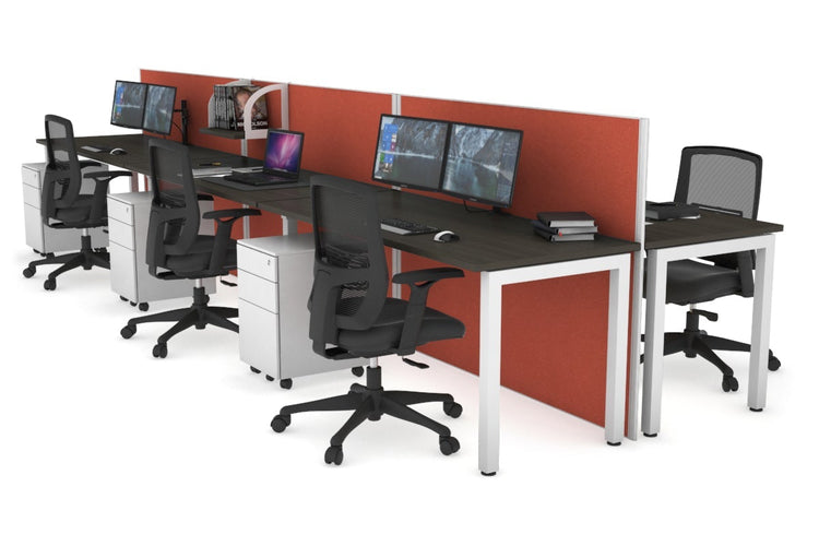 Horizon Quadro 6p Bench Square Leg Office Workstation [1400L x 700W] Jasonl white leg dark oak orange squash (1200H x 4200W)