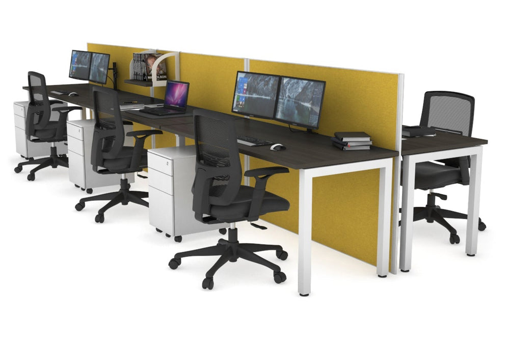Horizon Quadro 6p Bench Square Legs Office Workstation [1400L x 700W]-white leg dark oak mustard yellow (1200H x 4200W)