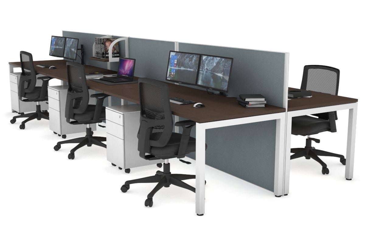 Horizon Quadro 6p Bench Square Leg Office Workstation [1400L x 800W with Cable Scallop] Jasonl white leg wenge cool grey (1200H x 4200W)