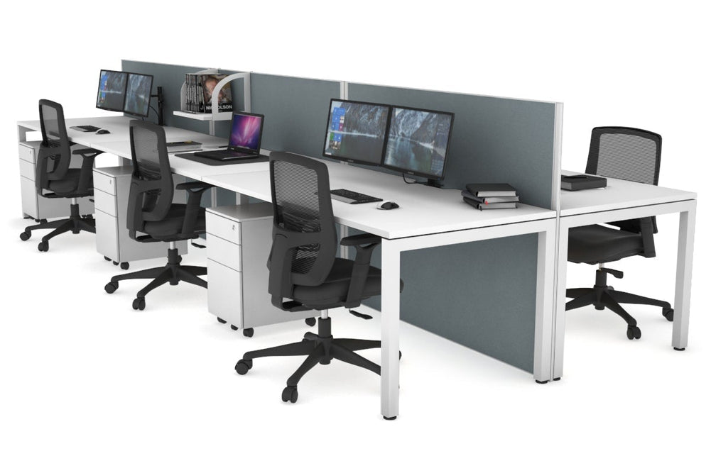 Horizon Quadro 6p Bench Square Legs Office Workstation [1400L x 800W with Cable Scallop]-white leg white cool grey (1200H x 4200W)