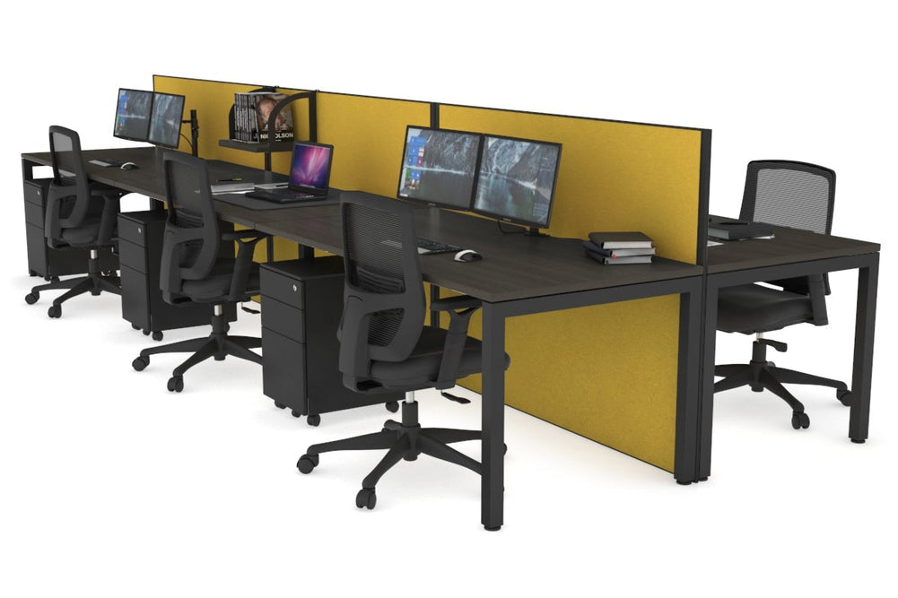 Horizon Quadro 6p Bench Square Legs Office Workstation [1400L x 800W with Cable Scallop]-black leg dark oak mustard yellow (1200H x 4200W)