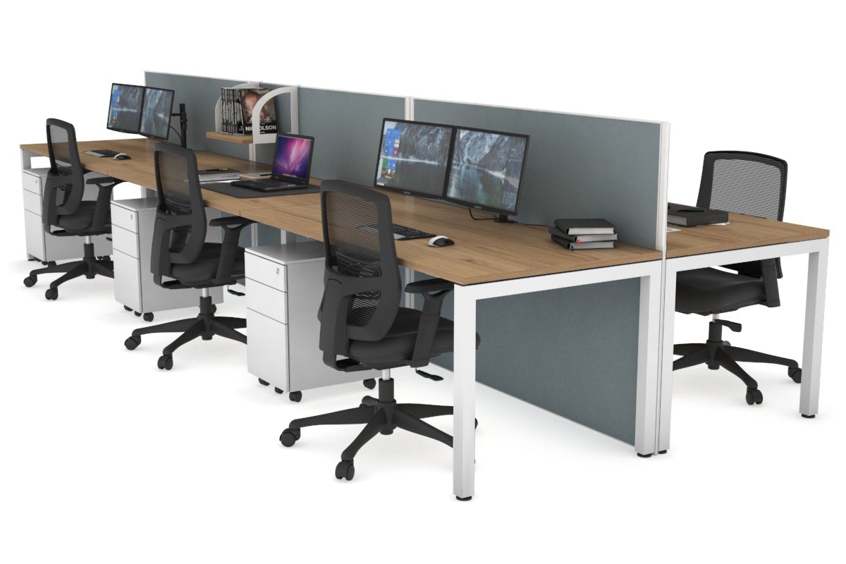 Horizon Quadro 6p Bench Square Leg Office Workstation [1400L x 800W with Cable Scallop] Jasonl white leg salvage oak cool grey (1200H x 4200W)