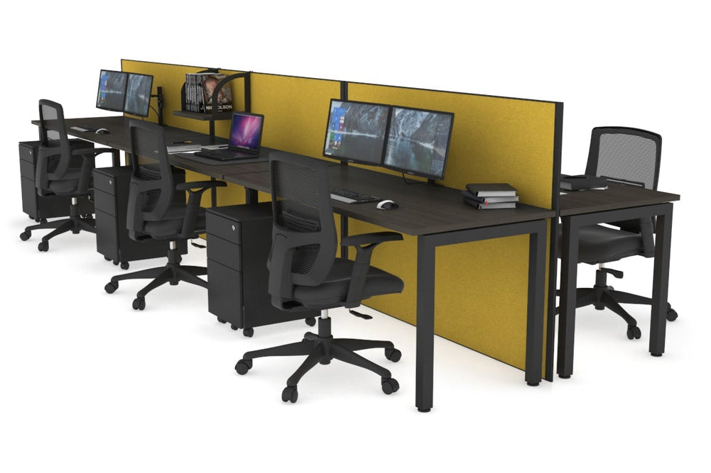 Horizon Quadro 6p Bench Square Legs Office Workstation [1600L x 700W]-black leg dark oak mustard yellow (1200H x 4800W)