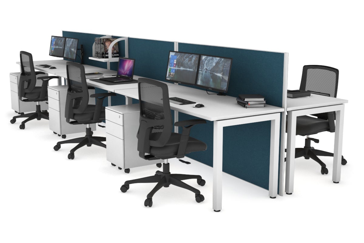 Horizon Quadro 6p Bench Square Leg Office Workstation [1600L x 700W] Jasonl white leg white deep blue (1200H x 4800W)