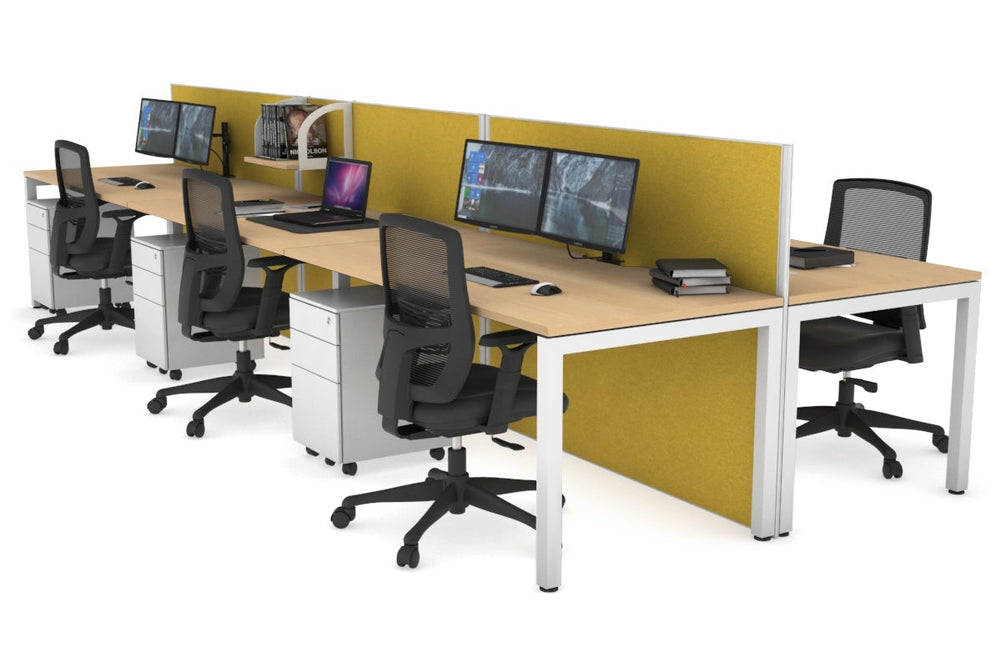 Horizon Quadro 6p Bench Square Legs Office Workstation [1600L x 800W with Cable Scallop]-white leg maple mustard yellow (1200H x 4800W)