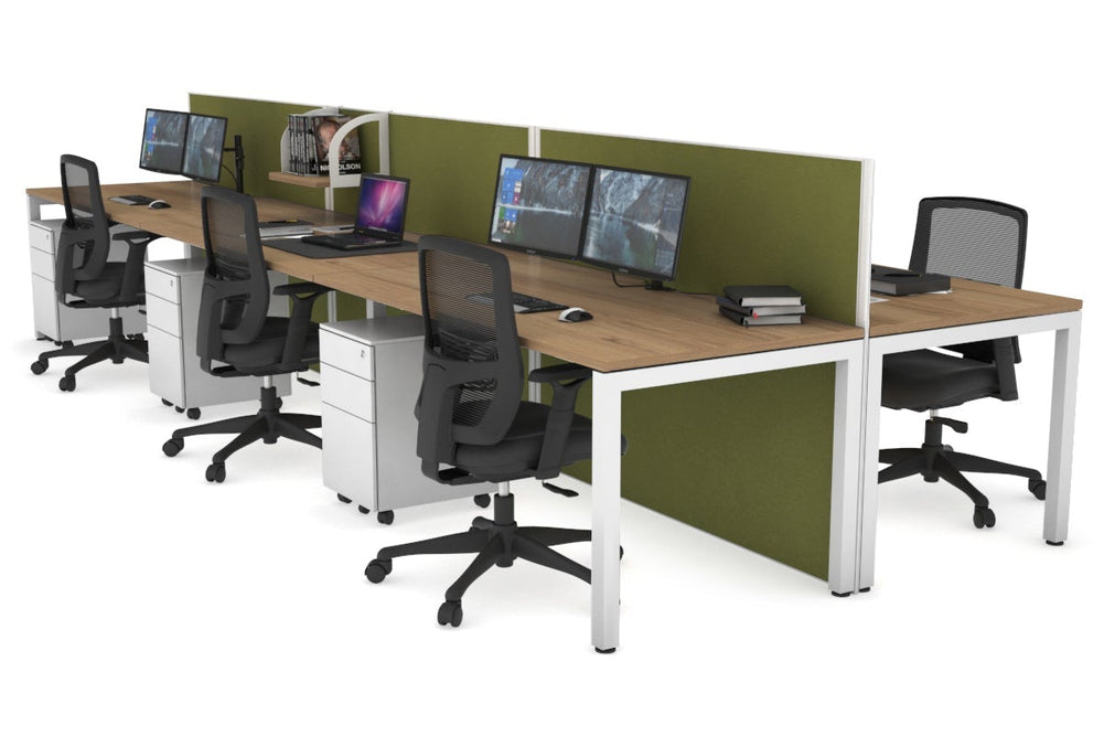 Horizon Quadro 6p Bench Square Legs Office Workstation [1600L x 800W with Cable Scallop]-white leg salvage oak green moss (1200H x 4800W)