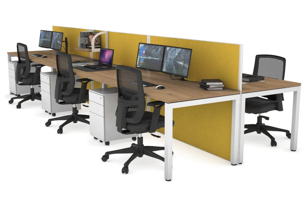 Horizon Quadro 6p Bench Square Legs Office Workstation [1600L x 800W with Cable Scallop]-white leg salvage oak mustard yellow (1200H x 4800W)