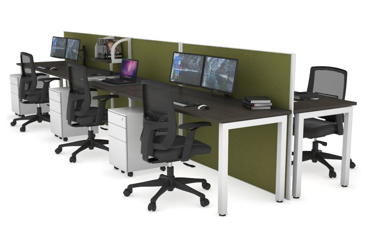 Horizon Quadro 6p Bench Square Leg Office Workstation [1800L x 700W] Jasonl white leg dark oak green moss (1200H x 5400W)