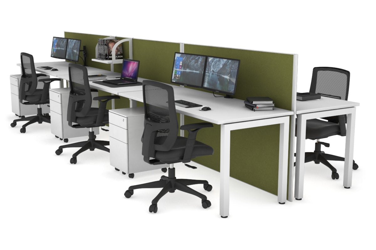 Horizon Quadro 6p Bench Square Leg Office Workstation [1800L x 700W] Jasonl white leg white green moss (1200H x 5400W)