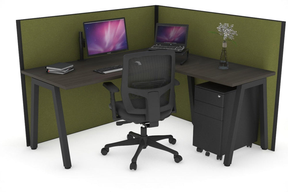 Horizon Quadro A Legs L-Shaped Corner Office Desk [1400L x 1450W]-black leg dark oak green moss (1200H x 1400W x 1600W)