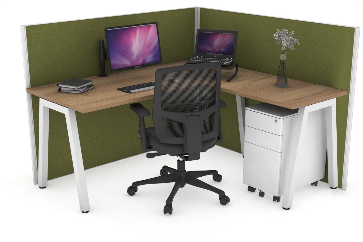 Horizon Quadro A Leg L-Shaped Corner Office Desk [1400L x 1450W] Jasonl white leg salvage oak green moss (1200H x 1400W x 1600W)